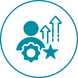 Icon depicting a person, a gear, a star, and three upward arrows within a circle, symbolizing growth and improvement—a nod to Biotech Industry Experts who drive innovation forward.