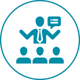 Icon of a person with a tie speaking to three people, symbolizing communication or leadership among biotech industry experts.