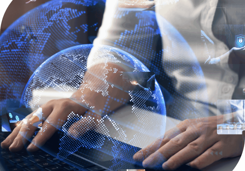 A person types on a laptop surrounded by digital images and a glowing globe, symbolizing global connectivity and the forefront of technology in biotech consulting services.